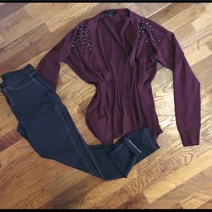 Burgundy cardigan w/ Jeggings